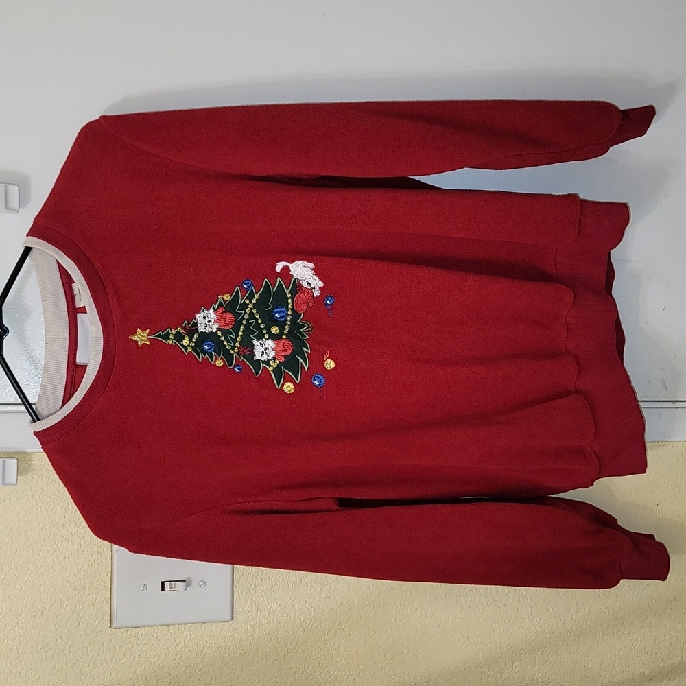 Alfred Dunner vintage Sweater fleece soft red embroidered cats Christmas tree